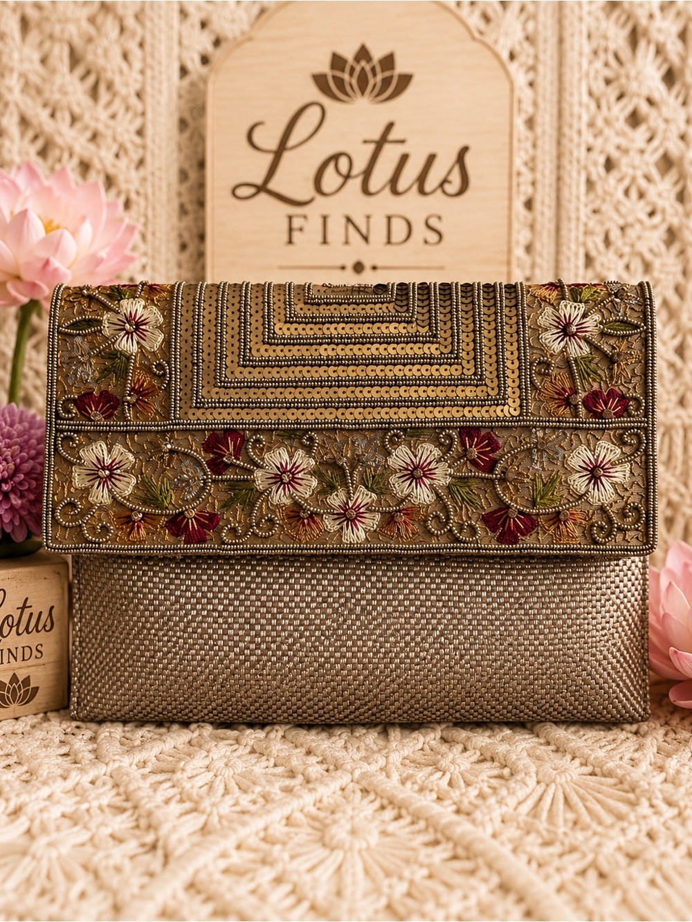 Handmade Beaded & Sequin Convertible Clutch | Embroidered Floral Evening Bag